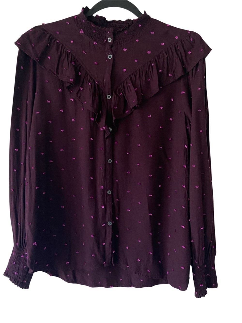 LOFT Purple Pink Swiss Dot Ruffle Button Front Blouse Top Size M